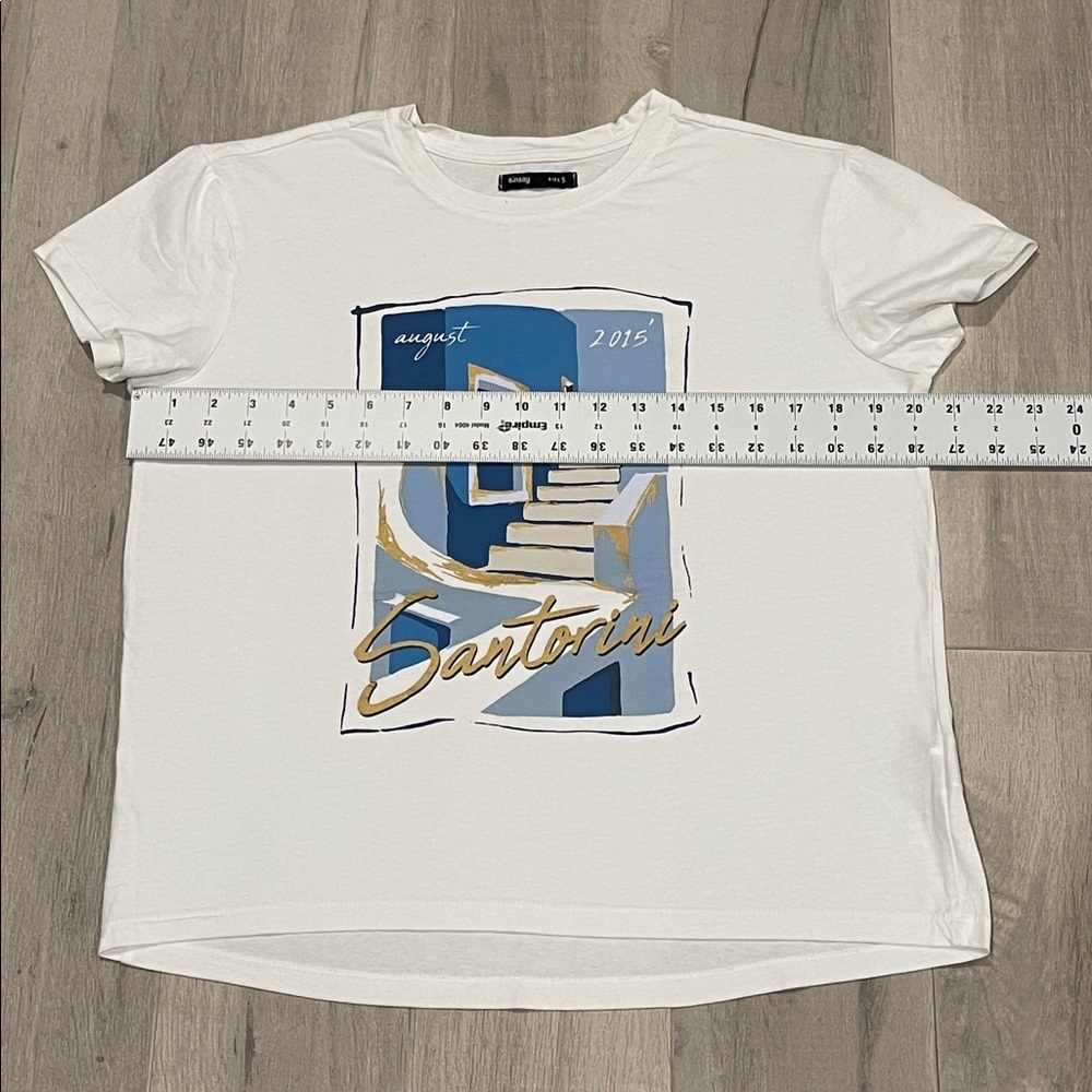 Sinsay Santorini White Tee with Blue and Gold Graphic Size S 100% cotton - Picture 3 of 5